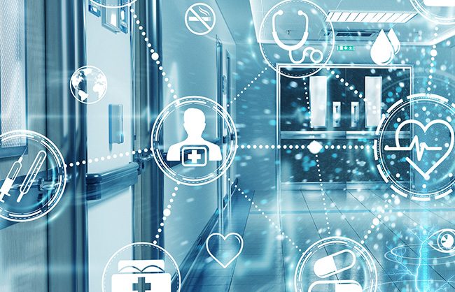 Hospital hallway with medical icons overlaid, emphasizing the importance of Inflation Reduction Act guidance for pharmaceutical manufacturers