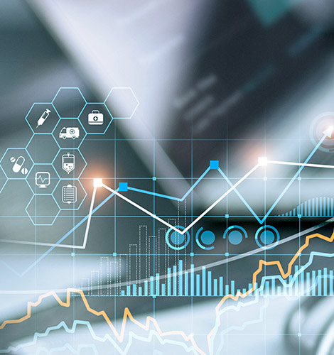 Graphic with pharmaceutical icons and data charts for channel and patient data consulting